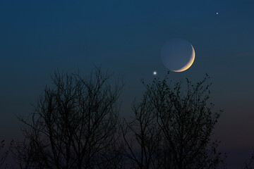 Crescent young Moon with stars, planets and countryside silhouettes.