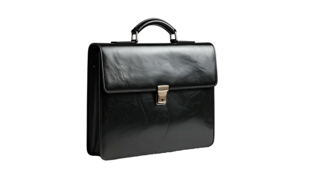 Sleek black leather briefcase with a top handle and metallic clasp, subtly textured surface, angled slightly to the right against a black background