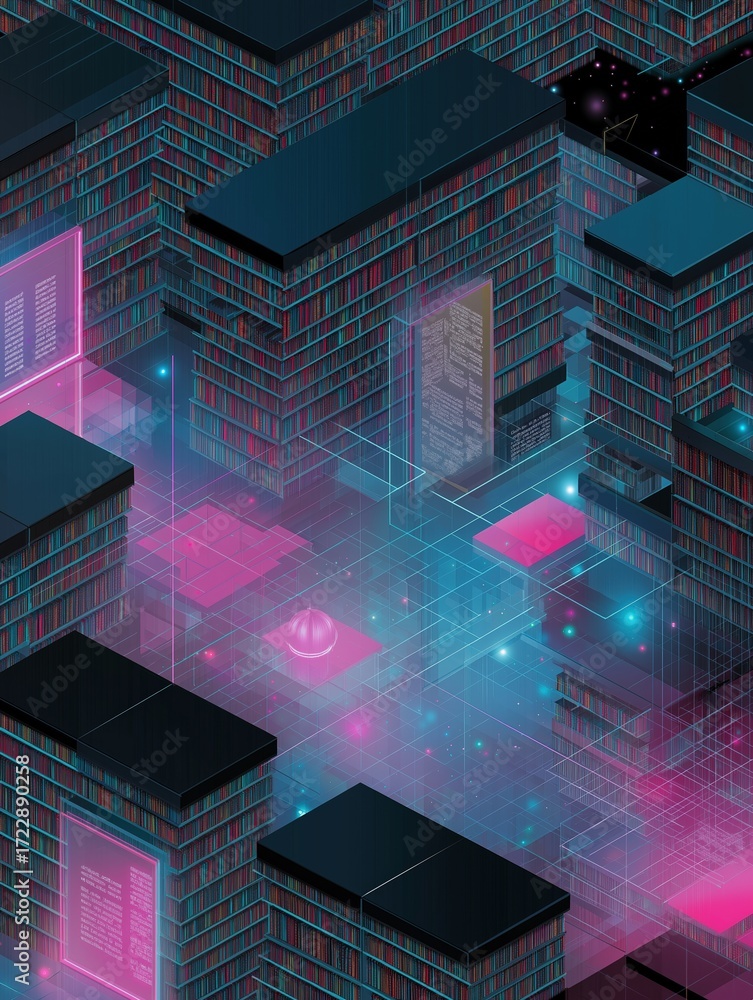 Aufkleber abstract digital art piece that appears to be a futuristic cityscape. it is made up of multiple tall