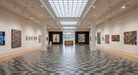 Interior view of a spacious, well-lit art gallery showcasing a diverse collection of colorful paintings displayed on white walls, with a checkered floor and a skylight.