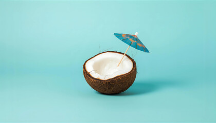 Refreshing Coconut Half with Colorful Umbrella on Turquoise Background
