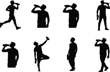 Hydration silhouette set, black, walking and standing poses, drinking water bottle, casual gestures, vector lifestyle posture illustration bundle