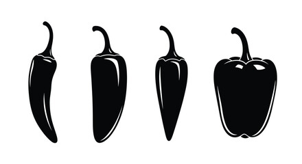Four black silhouettes of peppers including jalapeno and bell pepper varieties vector