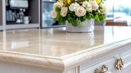 Luxurious marble countertop with elegant design, adorned with beautiful flower arrangement, creating sophisticated atmosphere