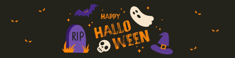 Spooky halloween banner with glowing eyes, ghost, tombstone, bat and witch hat on black background. Creative seasonal design for party invitation, greeting card and poster.