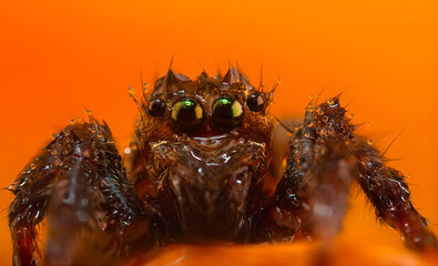 A close-up photo of a striking spider. Natural background. Spider species; jumping spider. Salticidae.