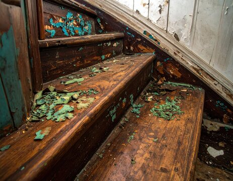 Peeling paint on weathered wooden stairs
