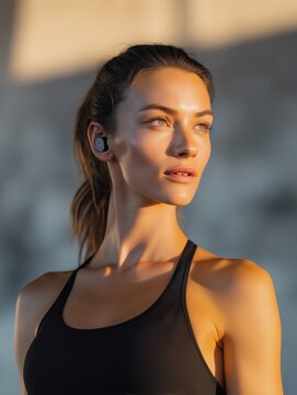 Portrait of a young woman with shoulder-length brunette hair. she is wearing a black sports bra and has a pair of wireless earbuds in her ear.