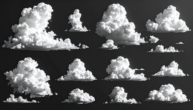 Collection of fluffy white clouds on black
