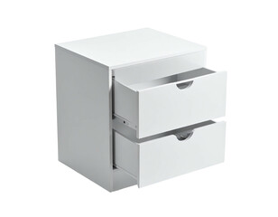Fototapeta premium White two-drawer nightstand, minimalist design, slightly angled view, drawers open, showcasing simple, clean lines and functionality