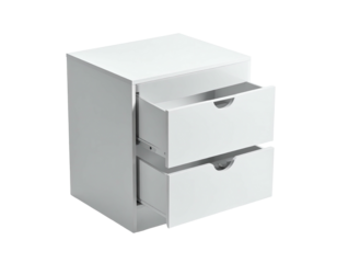 White two-drawer nightstand, minimalist design, slightly angled view, drawers open, showcasing simple, clean lines and functionality