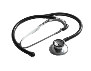 A black and silver stethoscope lies on a black background, its tubing coiled neatly, the chest piece prominent