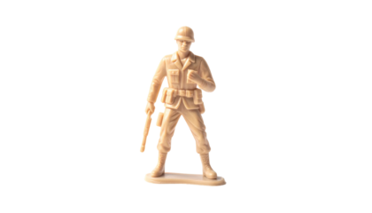Tan plastic toy soldier figurine, standing, holding a rifle, on a small base