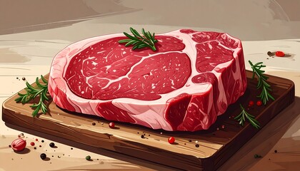 A digitally rendered, appetizing cut of raw red meat, adorned with sprigs of rosemary and peppercorns, resting on a wooden cutting board