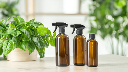 Stylish glass spray bottles arranged on wooden surface, surrounded by lush green plants, creating fresh and inviting atmosphere