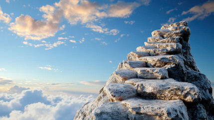 Serene view of stone staircase leading to sky, symbolizing aspiration and hope, surrounded by fluffy clouds and bright blue sky