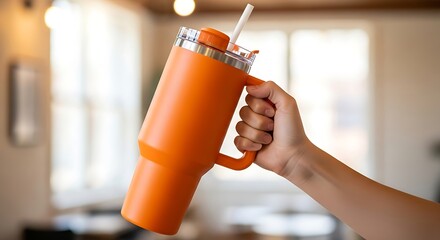 Hand holding a large orange insulated tumbler with a straw