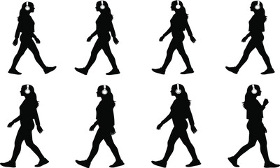 Walking silhouette set, black, headphone-wearing figures, motion sequence, casual stride, vector posture illustration bundle for lifestyle and animation