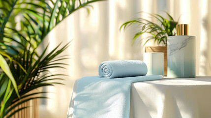 Serene spa scene featuring rolled towel, candle, and decorative bottle, surrounded by lush greenery, evokes relaxation and tranquility