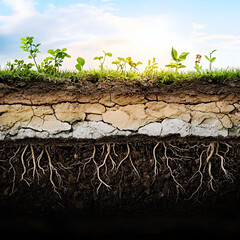 Soil Layers and Life: An illustrative cross-section of the earth's soil layers reveals vibrant plant life taking root, depicting the complex interaction between nature and environment.