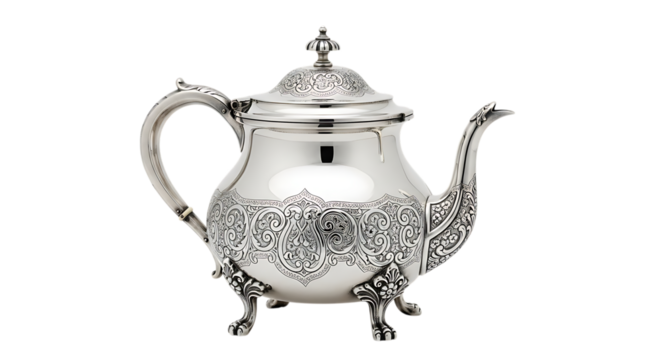 Elegant Antique Silver Teapot with Intricate Engraved Floral Patterns sterling silver