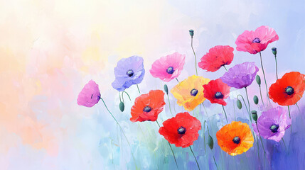 Vibrant abstract painting of colorful flowers in various shades, creating cheerful and uplifting atmosphere. Perfect for decor