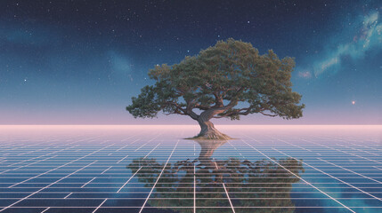 Futuristic Tree with Galaxy Sky and Digital Grid Reflection