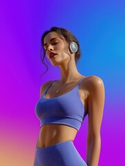 Obraz premium Young woman standing in front of a colorful background. she is wearing a blue sports bra and matching leggings. her hair is styled in loose waves and she is wearing white headphones around her neck.