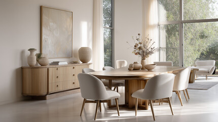 Luxury Minimalist Dining Room with Wooden Table and Neutral Decor