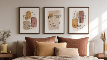 Modern Abstract Line Art Portraits Above Bed in Minimalist Boho Bedroom