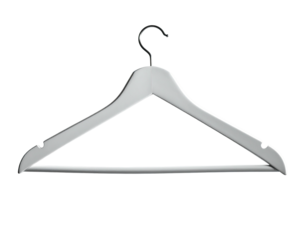 A light grey wooden clothes hanger with a slight curve, notched shoulders, and a metal hook