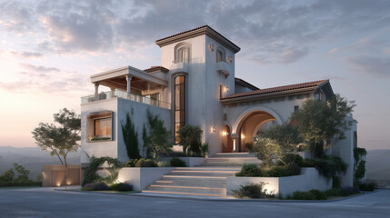 Elegant Mediterranean Villa with Arched Entrance and Sunset Lighting