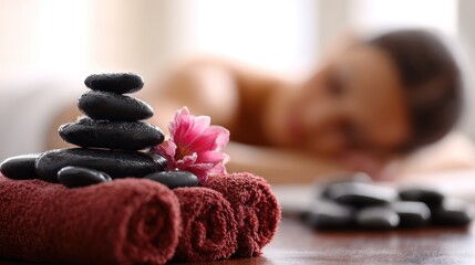 Relaxing Spa Scene with Hot Stones and Towels in Soft Lighting