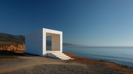 White Minimalist Pavilion with Ocean View and Clear Blue Sky