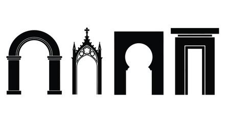 Fototapeta premium Diverse architectural archways set decorative entrance structures silhouette collection vector