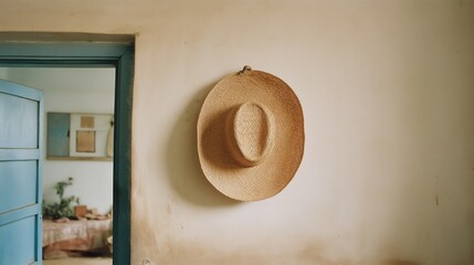 Vintage Straw Hat Hanging on Wall