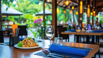 Beautiful restaurant setting featuring plate of vibrant Pad Thai wooden table, surrounded by lush greenery and warm lighting, creating welcoming