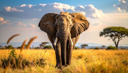 Obraz premium An elephant strides forward through a sunlit, golden savanna grass field, against a backdrop of distant trees and a partly cloudy sky