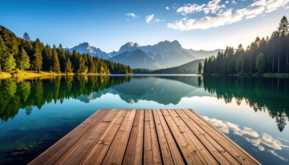 Pristine alpine lake reflects mountains, framed by trees and a wooden pier, showcasing tranquility under a bright sky with fluffy clouds