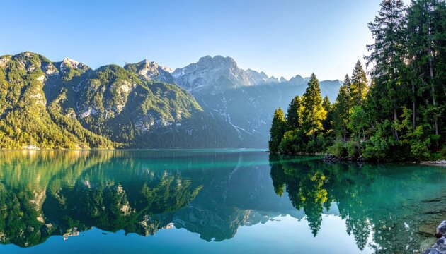 Tranquil turquoise lake mirroring rugged, forested mountains under clear skies on a bright, sunny day; serene & reflective ambiance