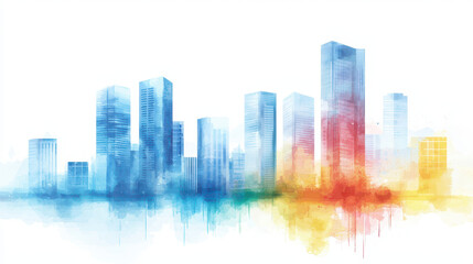 Vibrant watercolor city skyline with tall buildings in shades of blue, red, and yellow, creating lively urban atmosphere