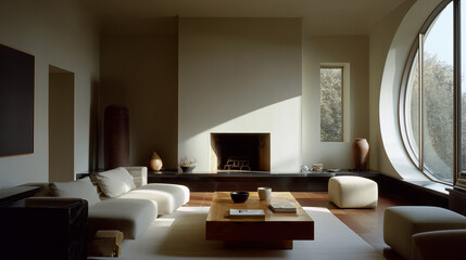 Modern Living Room with Marble Fireplace and Wooden Ceiling Beams