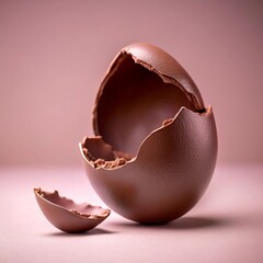 A cracked chocolate easter egg on a pink surface, revealing its hollow inside