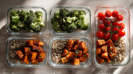 Healthy Vegan Meal Prep with Broccoli, Tomatoes and Sweet Potatoes