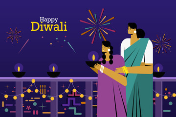 Illustration of a Indian mother and daughter family lighting Diwali festival lamps at their home	