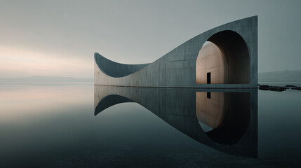 Minimalist Brutalist Architecture with Water Reflection
