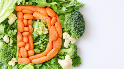 Fresh vegetables arranged creatively to form letter D, showcasing vibrant display of carrots, broccoli, and cauliflower, symbolizing health