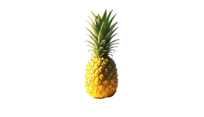 A vibrant, ripe pineapple with a golden yellow body and spiky green crown, isolated on a black background