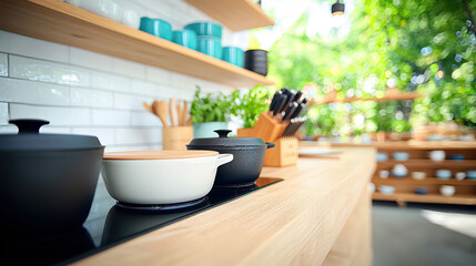 Modern kitchen scene featuring stylish cookware, wooden utensils, and vibrant greenery, creating warm and inviting atmosphere