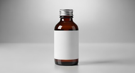 Amber glass bottle with blank label and metal cap isolated